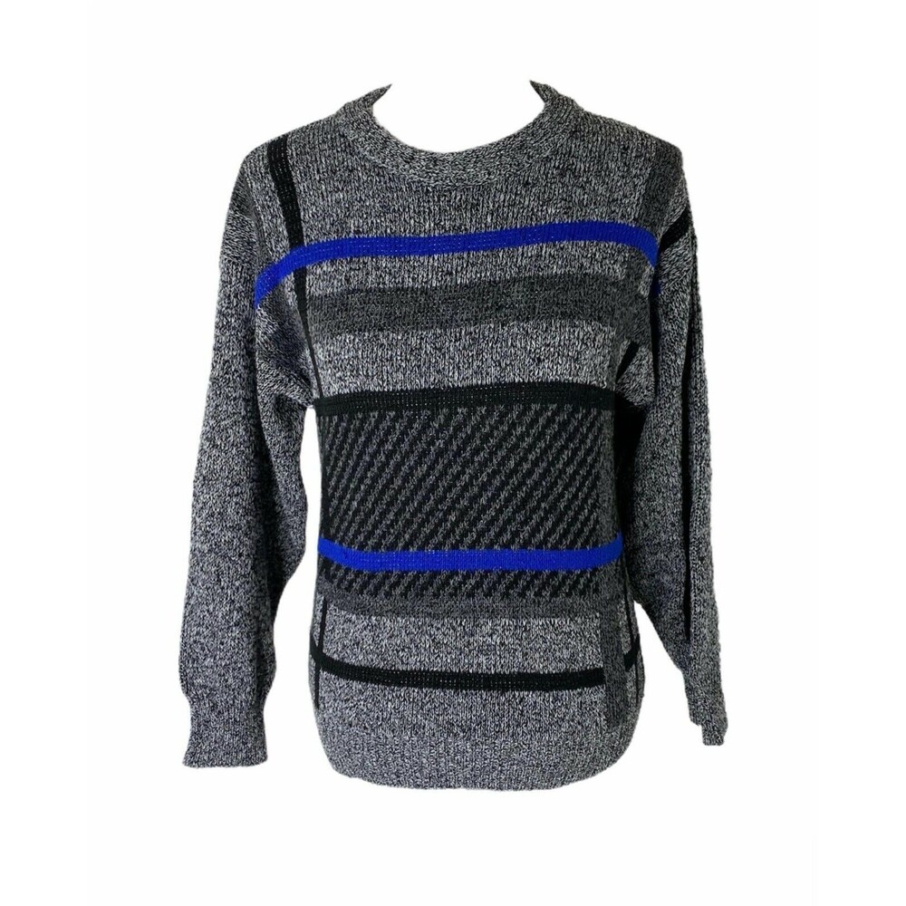Peter Werth Men's Sweater Blue Black and Grey Striped Crewneck Knit Size Small